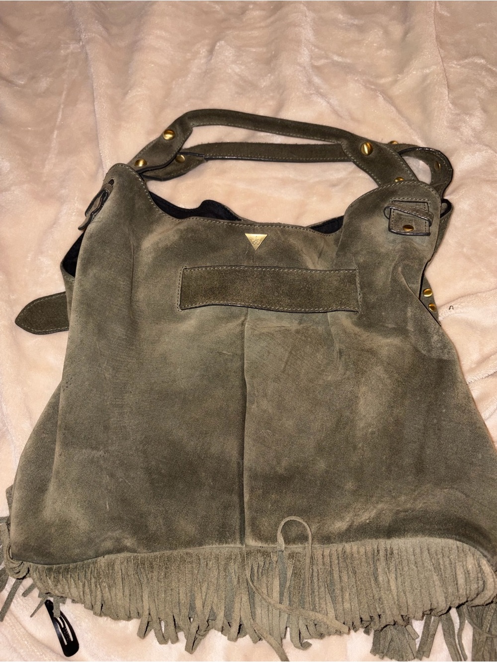 Sam Edelman Emily Moss Green Suede Leather Studded Fringe Bucket Tote Bag - Picture 6 of 16